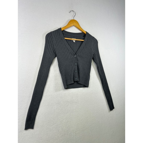 Aerie Ribbed Cropped Cardigan Gray Long Sleeve V‎ Neck Button Up XS - Picture 8 of 8